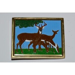Vintage 1983 Solid Brass Colorful DEER Hunter Belt Buckle Rare MINT